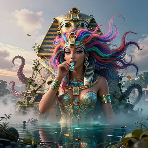 Digital artwork of a colorful-haired, topless woman with Egyptian headdress, gold jewelry, and turquoise pendant, holding a glowing gem, standing in a