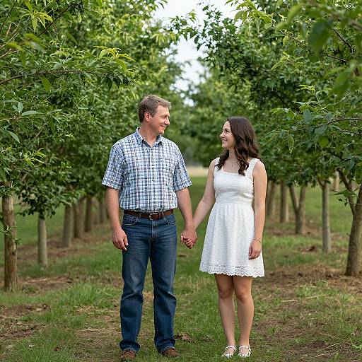 Photograph of a smiling couple holding hands in an orchard, with the man in a checkered shirt and jeans, and the woman in a white