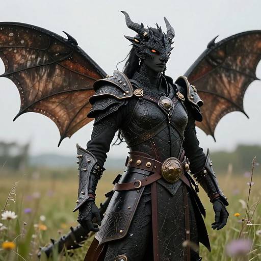 Black Anthro Dragon Warrior in Meadow