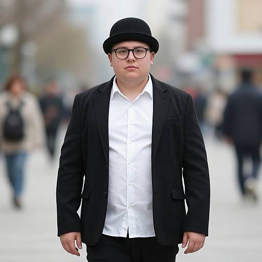 Photograph of a young man with pale skin, black hat, black suit, white shirt, and black glasses, walking in a blurred city street.