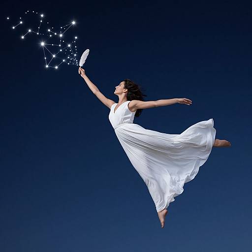 Photograph of a floating woman in a flowing white dress, barefoot, reaching for sparkling constellation with outstretched arm against a dark blue background.