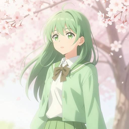 Serene Green Anime Girl in Cherry Blossoms