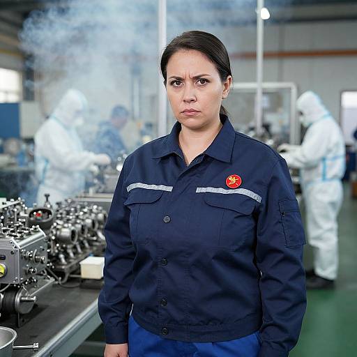 Photograph of a serious Latina woman in a navy work shirt standing in a smoky laboratory, surrounded by hazmat-clad colleagues.