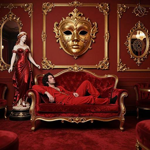 Photograph of a man in red lounging on a velvet sofa in an opulent, red and gold room, with a statue and masquerade
