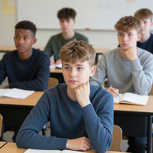 Photograph of five young boys in a classroom, wearing casual sweaters, sitting at desks with notebooks, focused expressions, one boy in foreground.