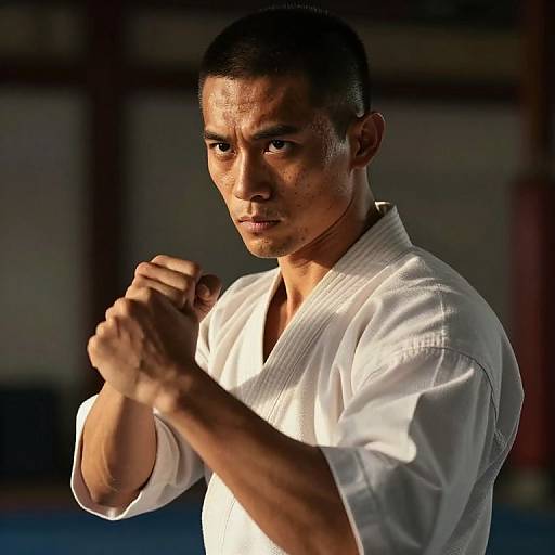 Photograph of a focused, muscular, tan-skinned male judoka with short black hair, wearing a white gi, clenching fists in a