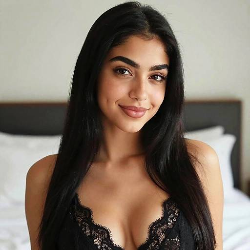 Photograph of a smiling woman with long black hair, brown eyes, and olive skin, wearing a black lace top, standing in a brightly lit bedroom