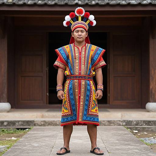 Photograph of a young Asian man in colorful traditional indigenous attire, including a headdress with red, white, and yellow feathers, standing in front of