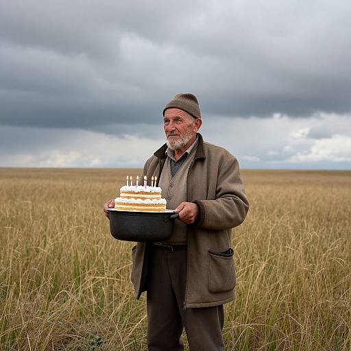 Photograph of an elderly man with gray beard, wearing a brown coat and beanie, holding a lit birthday cake in a grassy field under a