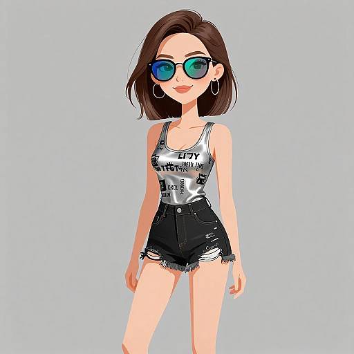 Digital illustration of a cute, fair-skinned woman with brown bob haircut, blue-green sunglasses, white tank top, and black frayed shorts.