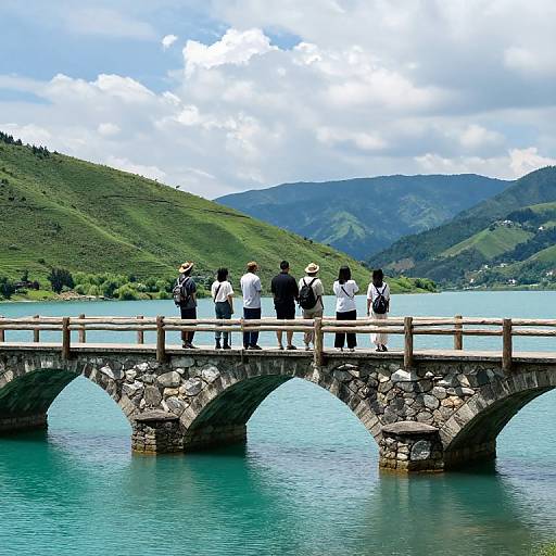 Photograph of six people standing on a stone arch bridge, overlooking a turquoise lake and green hills under a partly cloudy sky.