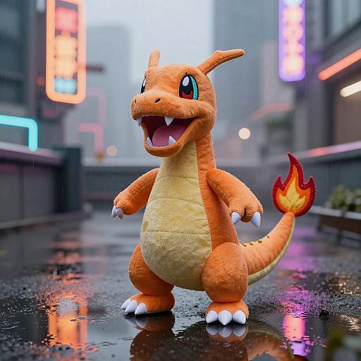 Hand-Stitched Charizard in Cyberpunk Garden