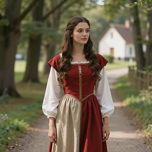 Woman in Medieval-Style Dress in Forest Path