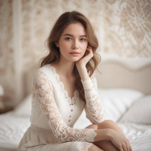 Young Woman in White Lace on Bed