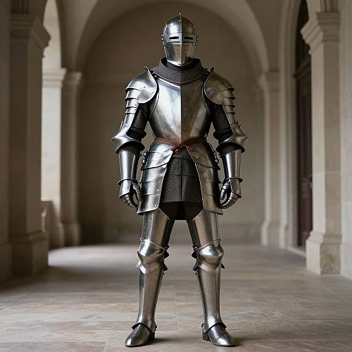 Photorealistic CGI of a fully armored knight standing in a medieval stone corridor with arched doorways, wearing shiny silver armor.