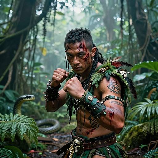 Photorealistic digital artwork of a muscular, tattooed indigenous warrior with blood on his face, in a dense jungle, wearing tribal armor and feathered
