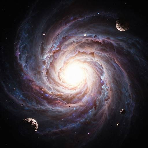 Photorealistic CGI of a swirling galaxy with a bright, white core, surrounded by colorful, nebulous clouds and small, rocky planets scattered in the