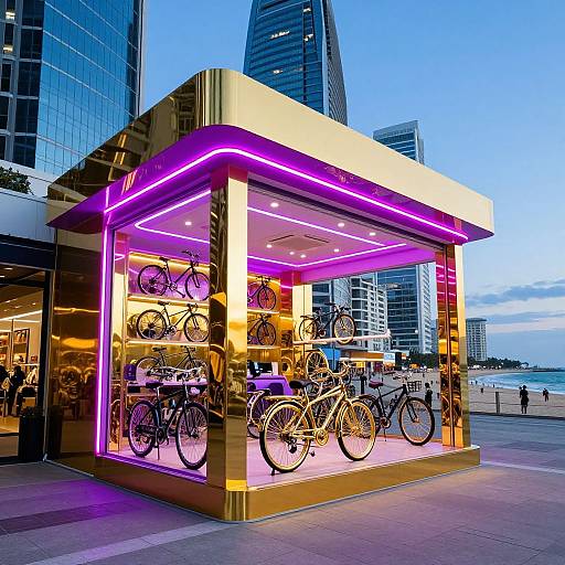 Photograph of a modern, illuminated bike rental kiosk with purple neon lights, surrounded by tall skyscrapers, beach in the background.
