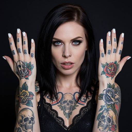 Photograph of a pale-skinned woman with black hair, blue eyes, and heavy makeup, displaying tattooed hands with skulls, roses, and symbols
