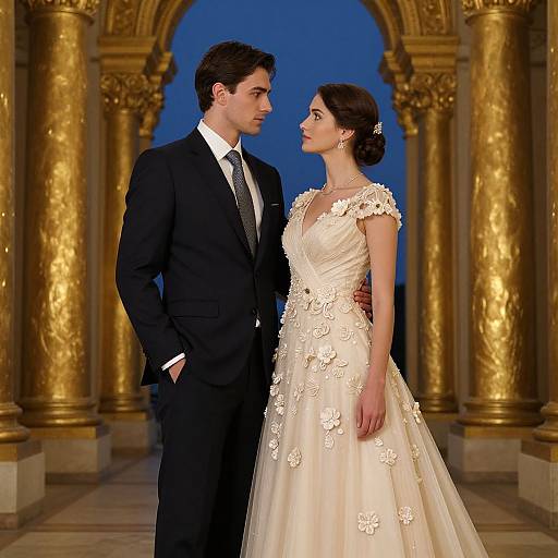 Photograph of a handsome groom in a black suit and white tie, standing close to a beautiful bride in an elegant white floral gown, in an orn