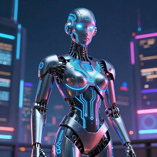 Photorealistic CGI of a sleek, silver, neon-lit female android with glowing blue accents, standing in a futuristic cityscape with colorful, illuminated
