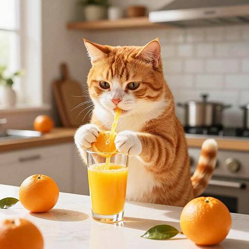 Photograph of a cute orange tabby cat with white chest, drinking orange juice from a glass on a kitchen counter, surrounded by oranges and green leaves