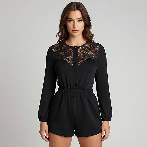 Photograph of a woman with dark brown hair, wearing a black lace-trimmed long-sleeve romper, standing against a plain white background