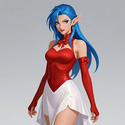 Digital anime-style illustration of a blue-haired, elf-like woman with pointed ears, wearing a red corset, white skirt, and red gloves. She