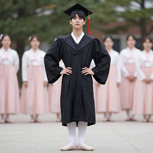 Photograph of an Asian male in black graduation gown and cap, white pants, and red tassel, standing confidently with hands on hips, in front