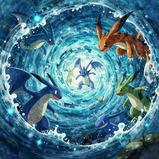 Digital artwork of six Pokémon—Eevee, Vaporeon, Totodile, Sceptile, Ampharos, and Espeon—