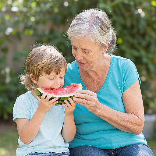 Grandmother and Child Eating Watermelon