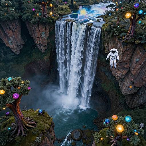 Fantastical digital artwork of a vibrant waterfall cascading into a misty pool, surrounded by colorful glowing orbs on twisted trees, with a moonlit
