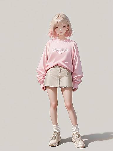 Young Woman in Pastel Pink Sweatshirt and Beige Mini Skirt