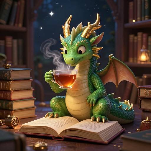 CGI image of a cute green dragon with yellow horns, reading a book while sipping tea in a cozy, lit library.