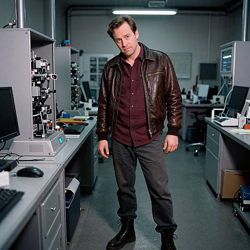 Photograph of a middle-aged man with short brown hair, wearing a black leather jacket, black shirt, and dark pants, standing in a modern,