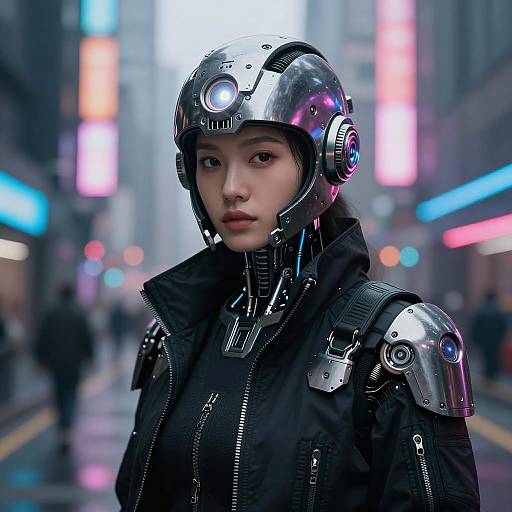 Futuristic Cyborg Portrait in Neon City