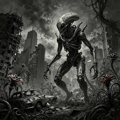 Digital artwork of a towering, black, bioluminescent Xenomorph in a ruined, overgrown cityscape with shattered skyscrapers and eerie