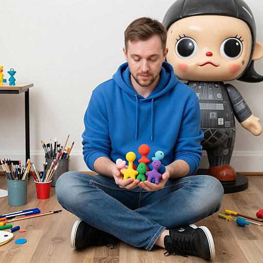 Photograph of a bearded man in a blue hoodie, sitting cross-legged, holding colorful plastic toys, with a large cartoon doll behind him, surrounded