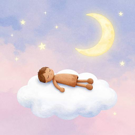 Digital illustration of a brown-haired, shirtless child with closed eyes sleeping on a white cloud, under a yellow crescent moon and starry blue-purple