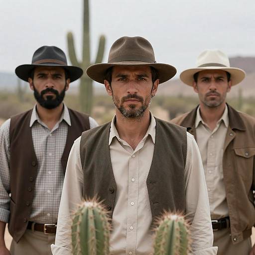 Serious Men Standing in Desert Landscape