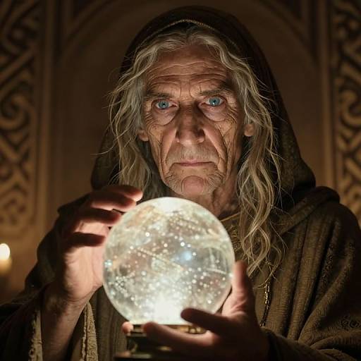 Photograph of an elderly man with long gray hair and blue eyes, wearing a dark hooded robe, holding a glowing, transparent orb in a dim