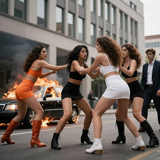 Burning Car Street Brawl: Women Clash