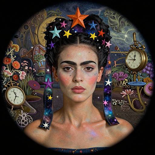 Digital art of a woman with dark hair adorned with colorful stars, surrounded by vintage clocks, flowers, and steampunk elements.