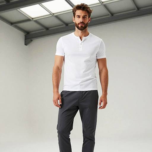 Photograph of a handsome, bearded man with short brown hair, wearing a white polo shirt and dark pants, standing in a bright, minimalist room