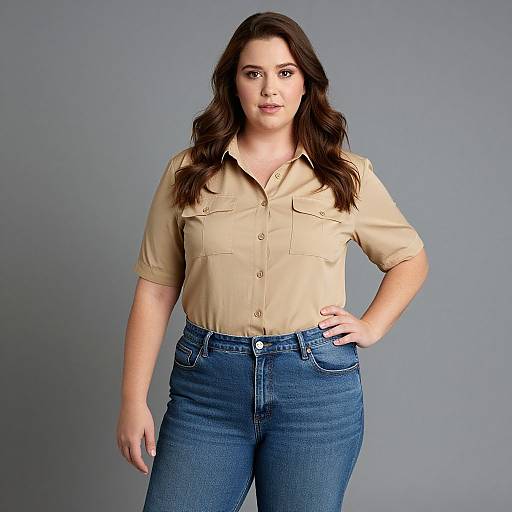 Photograph of a curvy woman with long brown hair, wearing a beige button-up shirt and blue jeans, standing against a gray background.