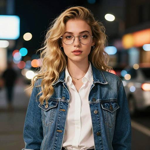 Young Woman in Denim Jacket at Night