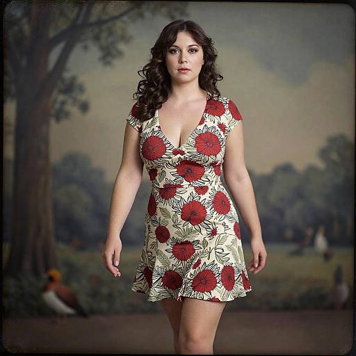 Photograph of a curvy woman with curly dark hair, wearing a red floral dress with a deep V-neck, walking on a path in a blurred