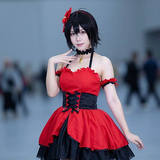 CGI anime-style woman with short black hair, red and black gothic dress, black choker, and red bow, standing in blurred indoor setting