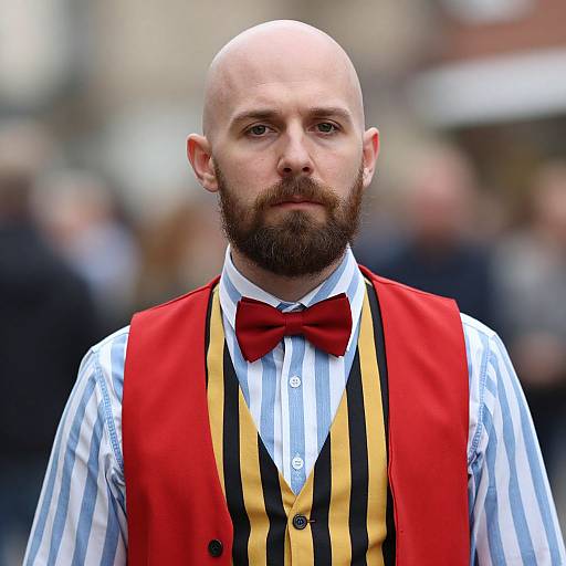 Photograph of a bald, bearded man with fair skin, wearing a red vest, striped shirt, yellow and black waistcoat, and red bow