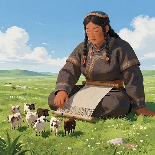 Digital illustration of a Native American woman with braided hair, wearing traditional dark clothing, sitting in a grassy field, weaving while cows and sheep gather